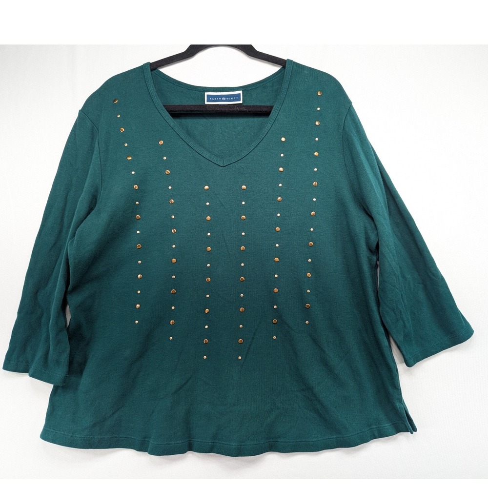 Karen Scott Green Studded V-Neck 3/4 Sleeve Cotton Top XL Forest Green